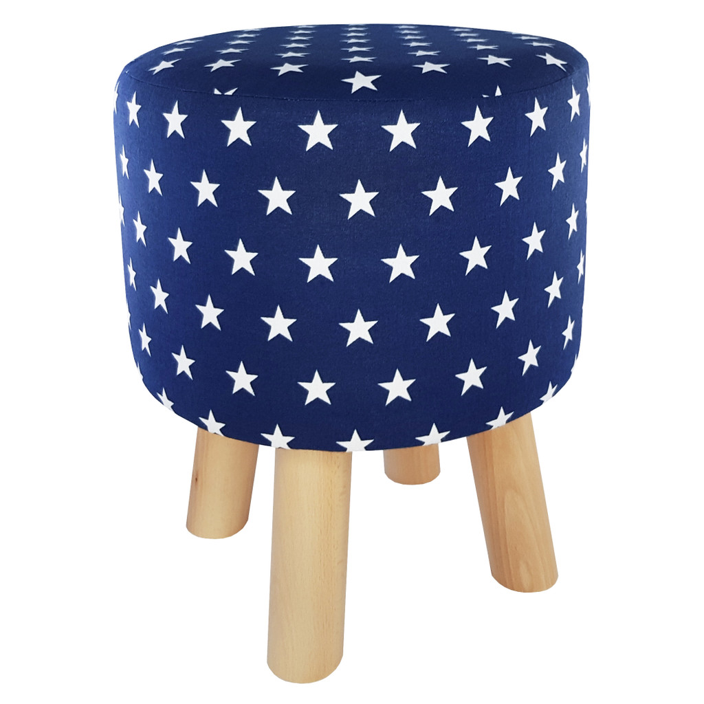 Tmavě modrý pouf s bílými hvězdičkami, dřevěná stolička, taburet s potahem - Lily Pouf obrázek 3