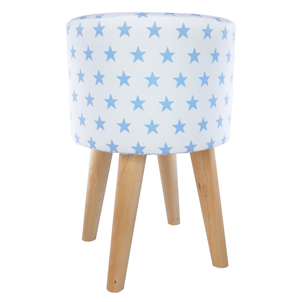 Bílá stolička, pouf s modrými hvězdami, nízký nebo vysoký, dřevěné nohy - Lily Pouf obrázek 2