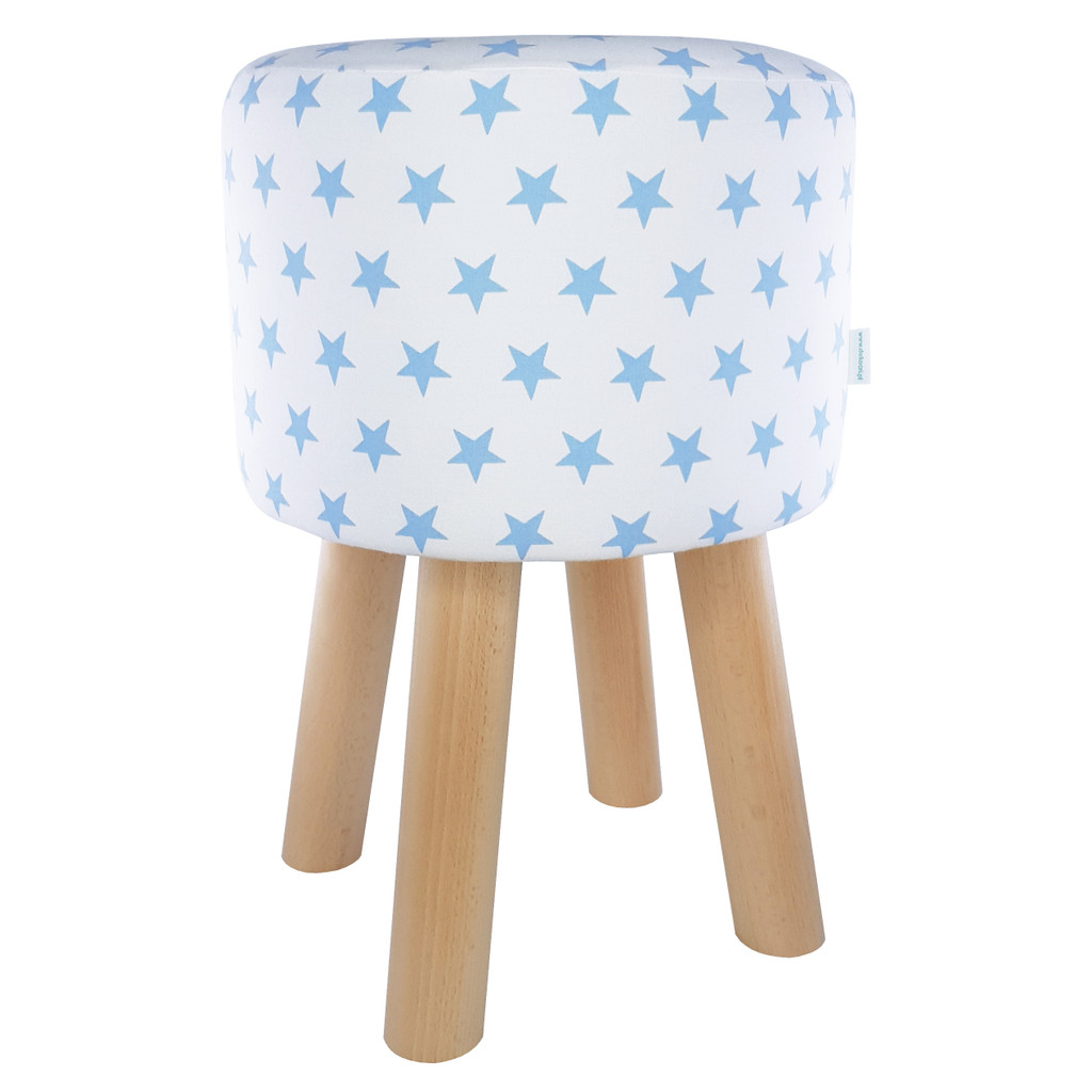 Bílá stolička, pouf s modrými hvězdami, nízký nebo vysoký, dřevěné nohy - Lily Pouf obrázek 1