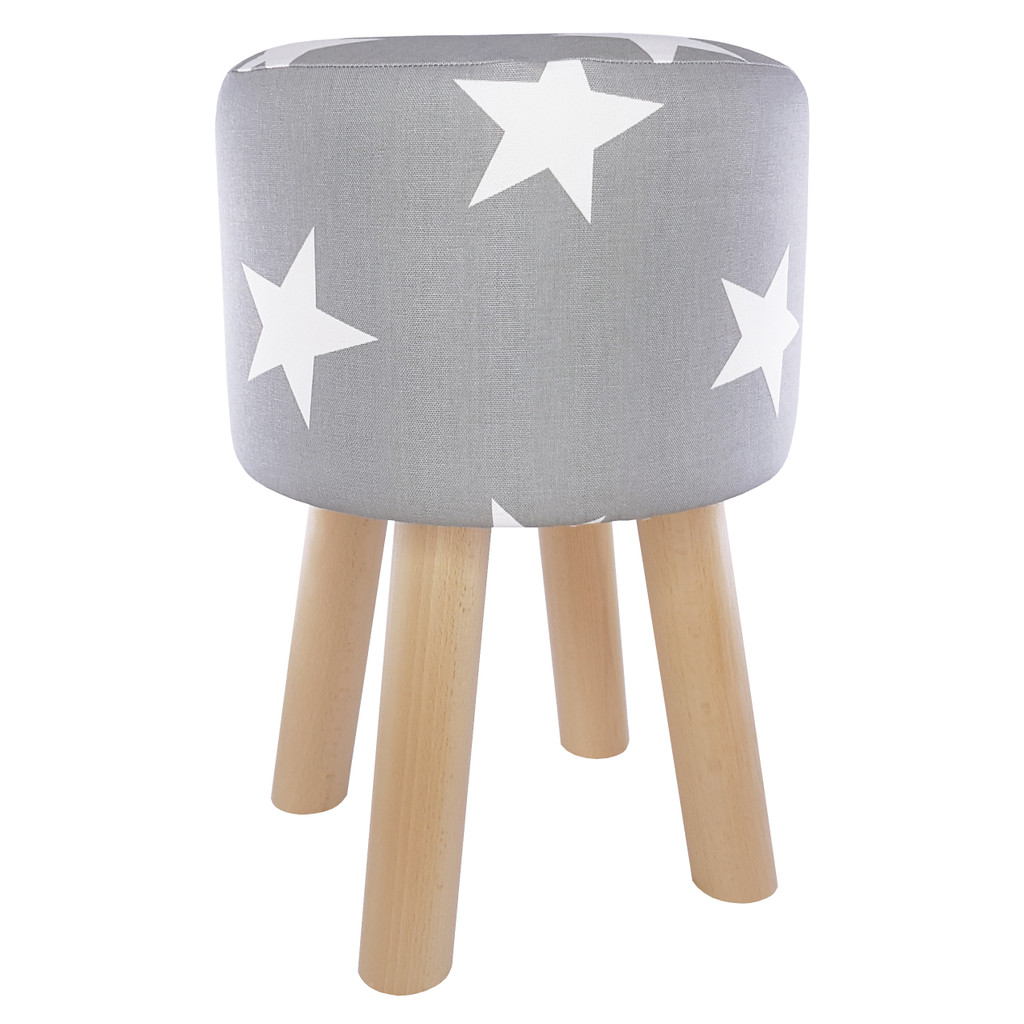 Šedý dekorativní pouf, dřevěná taburetka, potah s velkými bílými hvězdami - Lily Pouf obrázek 1