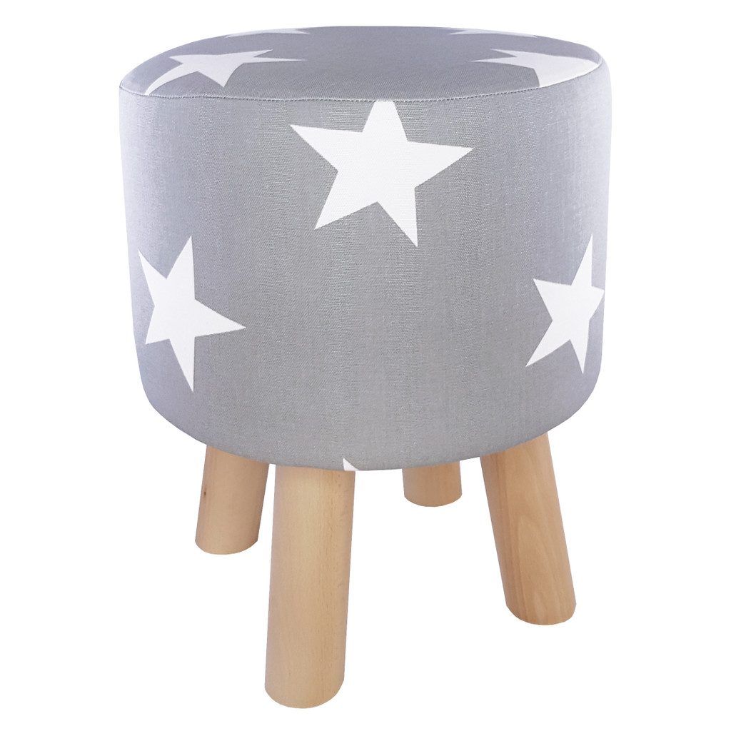 Šedý dekorativní pouf, dřevěná taburetka, potah s velkými bílými hvězdami - Lily Pouf obrázek 3