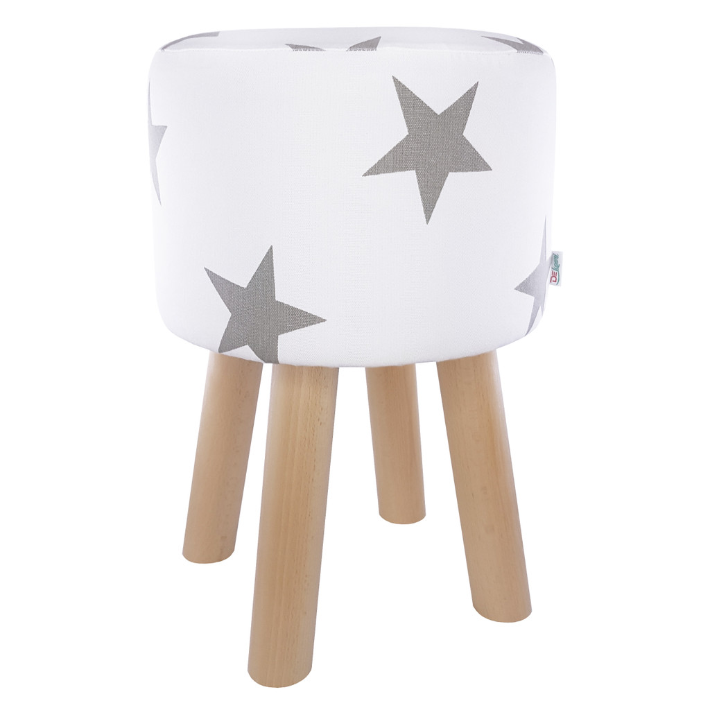 Bílý dřevěný taburet, kulatý pouf s potahem s velkými šedými hvězdami - Lily Pouf obrázek 1
