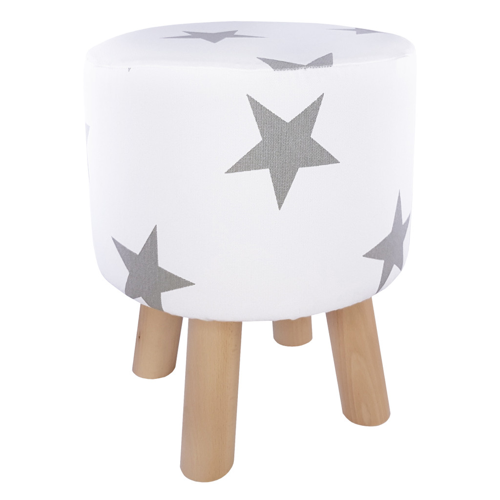 Bílý dřevěný taburet, kulatý pouf s potahem s velkými šedými hvězdami - Lily Pouf obrázek 3