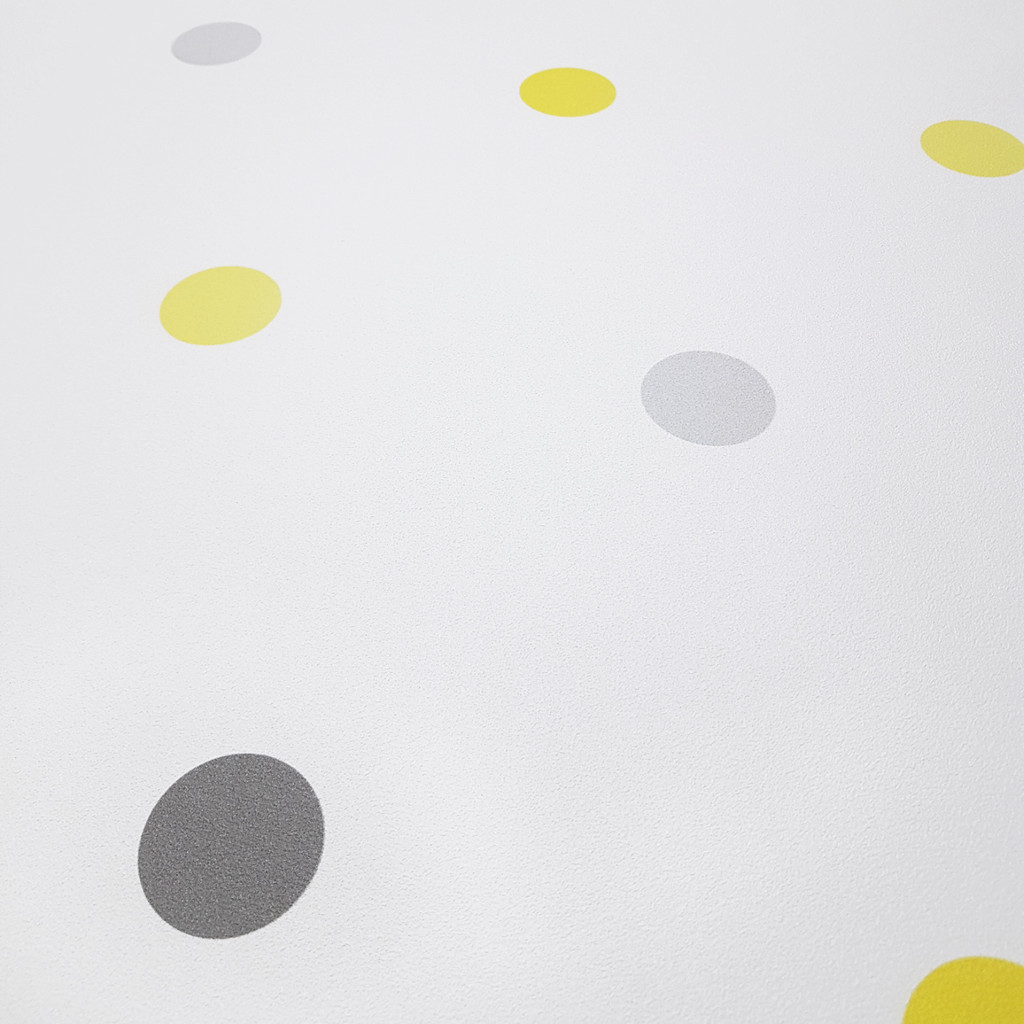 Tapeta do bytu s šedými a žlutými puntíky, tečky 5 cm - Dekoori obrázek 4