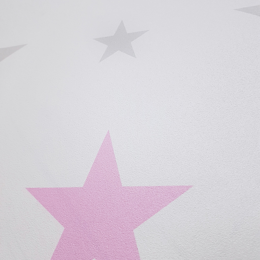 Bílá tapeta - hvězdy šedé a růžové velikosti 15 a 7 cm - Dekoori obrázek 2
