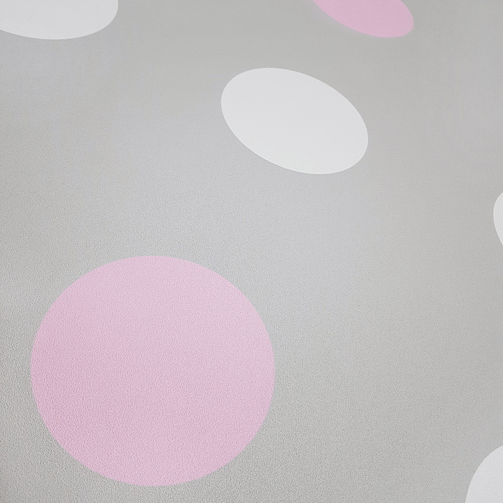 Tapeta s velkými šedými, bílými a růžovými PUNTĺKY, KRUHY velikosti 15 cm - Dekoori obrázek 4