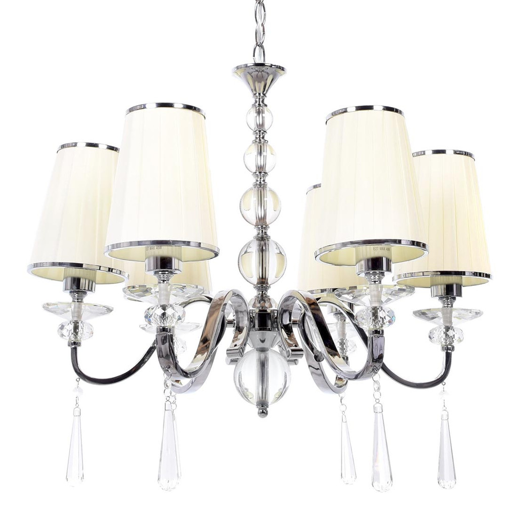 Moderní křišťálový šestiramenný lustr FEDERRICA W6 s krémově béžovými látkovými stínidly - Lumina Deco obrázek 1