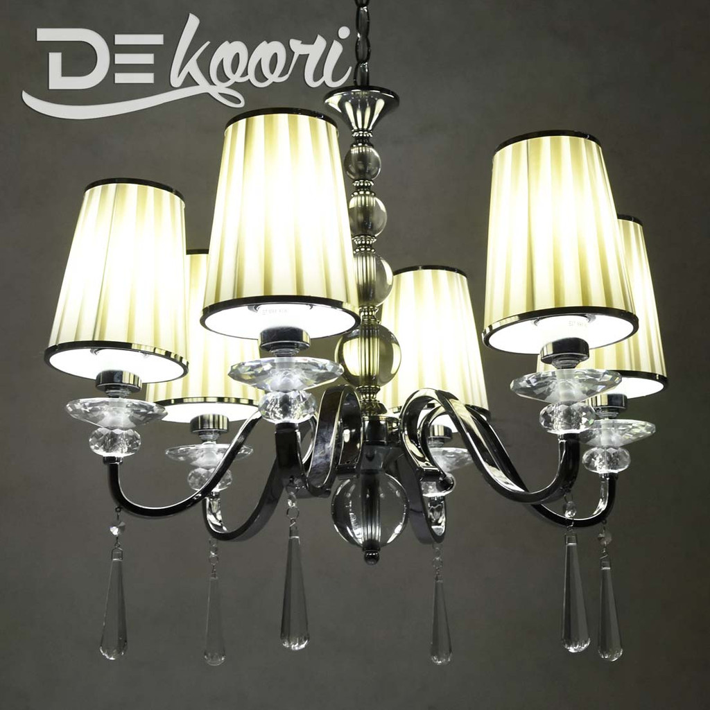 Moderní křišťálový šestiramenný lustr FEDERRICA W6 s krémově béžovými látkovými stínidly - Lumina Deco obrázek 2