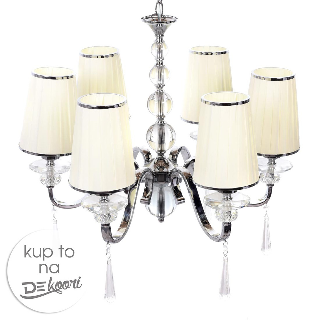 Moderní křišťálový šestiramenný lustr FEDERRICA W6 s krémově béžovými látkovými stínidly - Lumina Deco obrázek 3