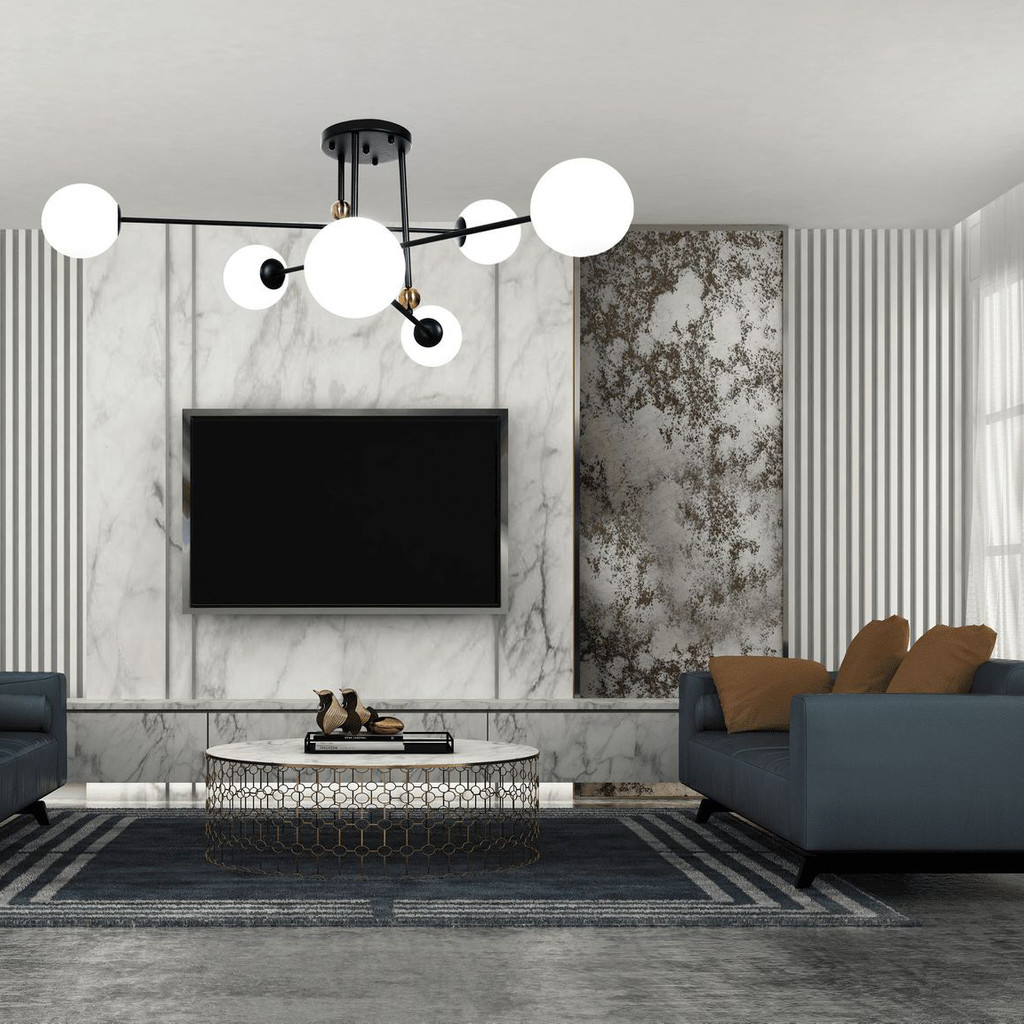 Šestiramenná černá závěsná lampa BERSAGO W6 stínidla bílé koule - Lumina Deco obrázek 2