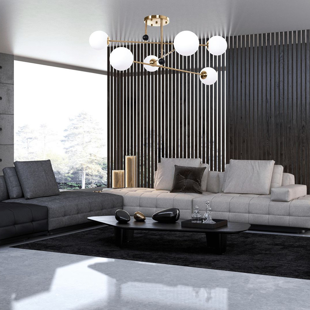 Moderní závěsná lampa z mosazné barvě BERSAGO W6 s bílými kulatými stínítky - Lumina Deco obrázek 2