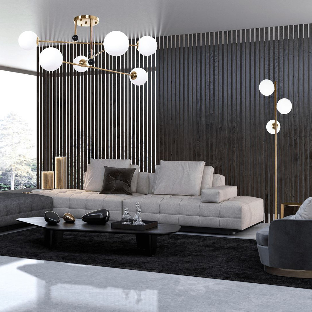Moderní závěsná lampa z mosazné barvě BERSAGO W6 s bílými kulatými stínítky - Lumina Deco obrázek 4