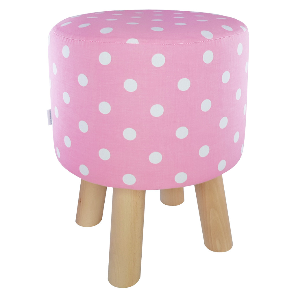 Růžová stolička, retro designový pouf s potahem s bílými tečkami, puntíky - Lily Pouf obrázek 1