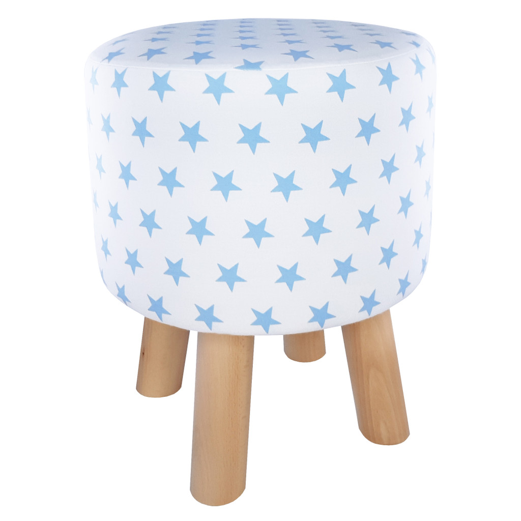 Bílá stolička, pouf s modrými hvězdami, nízký nebo vysoký, dřevěné nohy - Lily Pouf obrázek 1