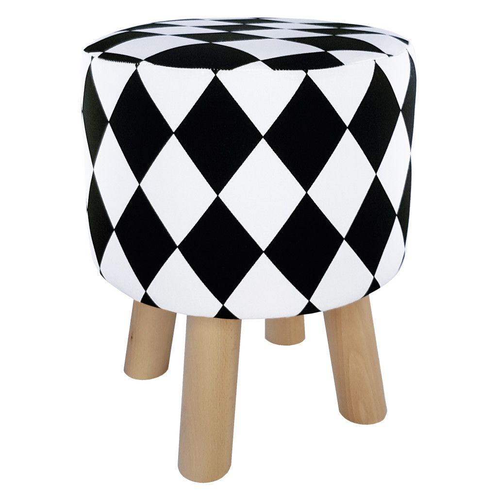 Moderní pouf, stolička ve stylu glamour, harlekýnový vzor, ​​černé a bílé kosočtverce - Lily Pouf obrázek 1