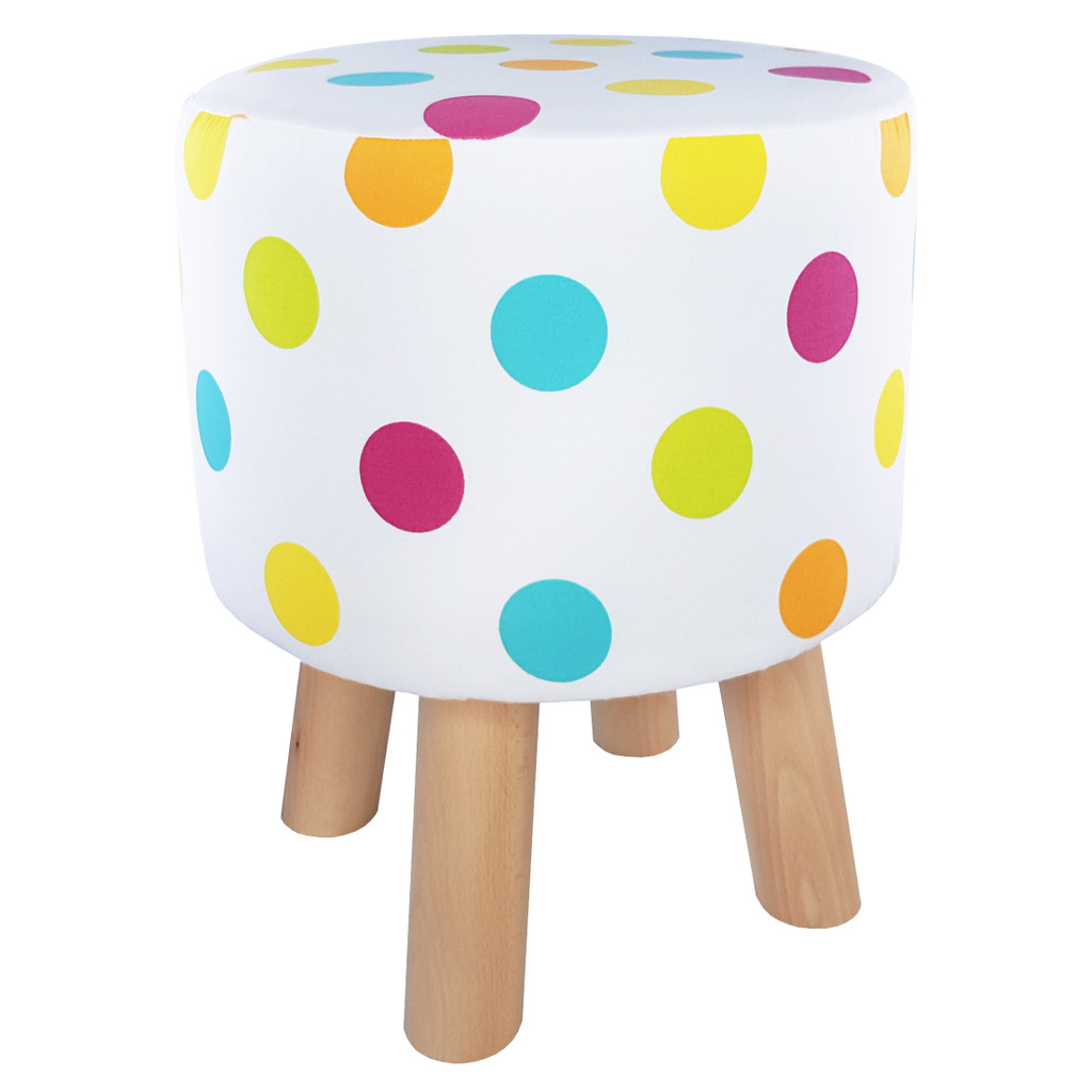 Dekorativní bílý puf do ložnice, dětského pokoje s barevnými puntíky - Lily Pouf obrázek 1