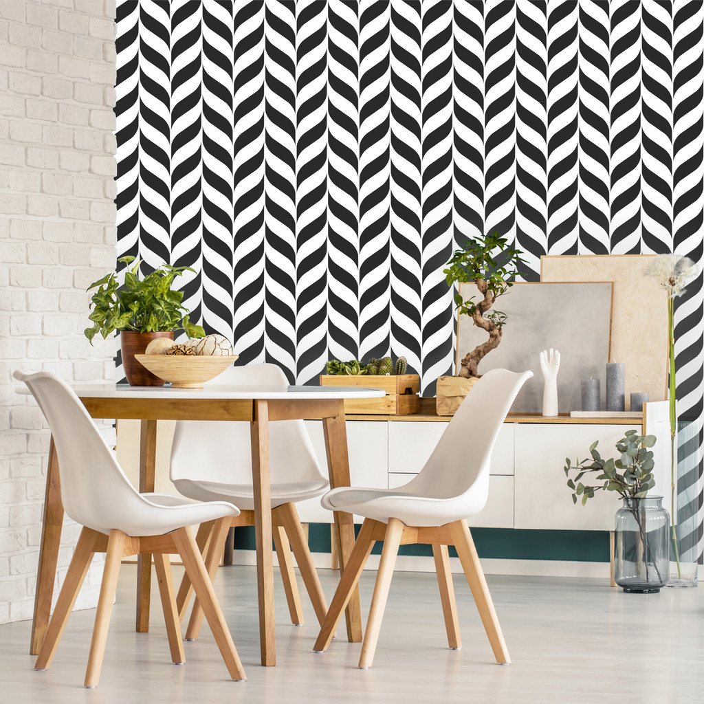 Černo-bílá tapeta se vzorem rybí kosti, listový, zebra, moderní styl - Dekoori obrázek 2