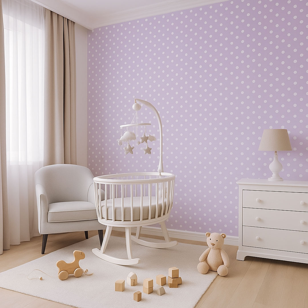 Fialová tapeta s drobnými bílými puntíky, tečkami, polka dot 2 cm - Dekoori obrázek 2