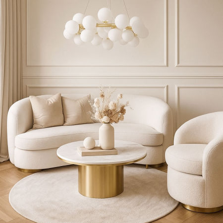 Zlatý lustr, bílé skleněné koule, klasická zlatá, glamour závěsná lampa - MARSIADA