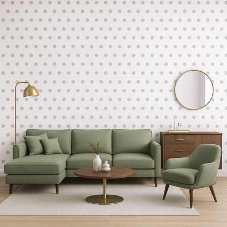 Bílá tapeta s šedými puntíky, tečky polka dot 5 cm