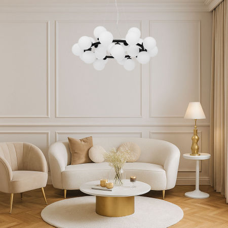 Černý lustr, vícebodová závěsná lampa, bílé stínidla, skleněné koule - MARSIADA