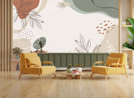 Umělecká dekorativní tapeta, olivové větve v béžové a zelené barvě, abstraktní tvary, boho styl