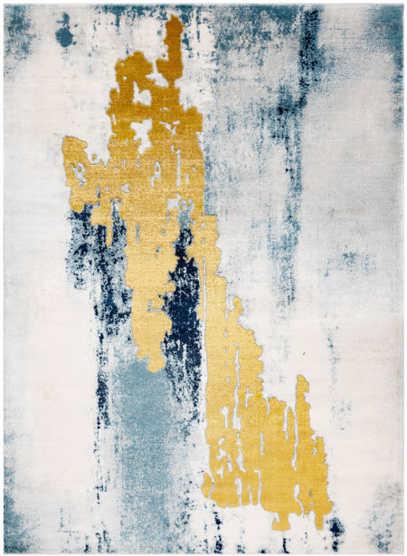 Umělecký glamour koberec, modrý, zlatý, žlutý, barevné tahy štětcem, moderní a vintage styl