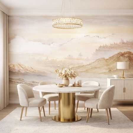 Béžová tapeta, písečná poušť, východ slunce, hory, les, boho styl