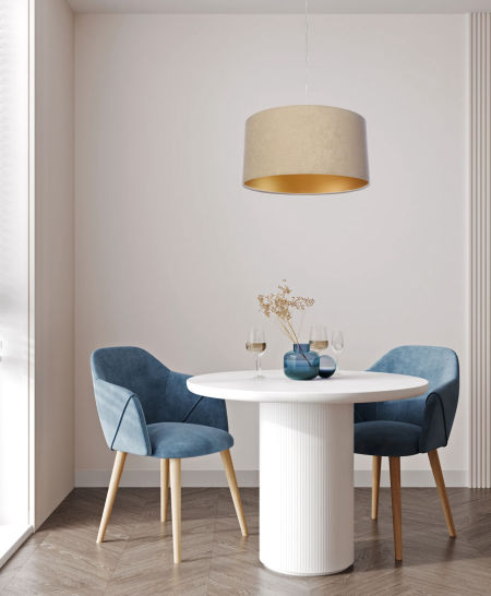 Béžové závěsné svítidlo s velurovým stínidlem ve tvaru válce se zlatým vnitřkem NIGELLA