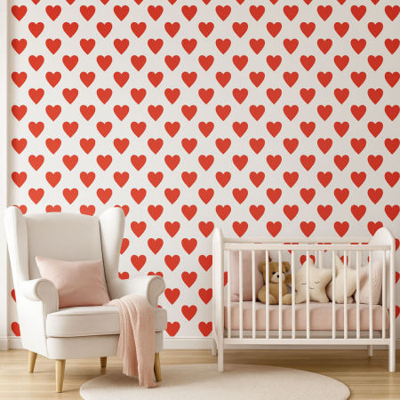 Bílá tapeta s červenými srdci, srdíčka 10 cm