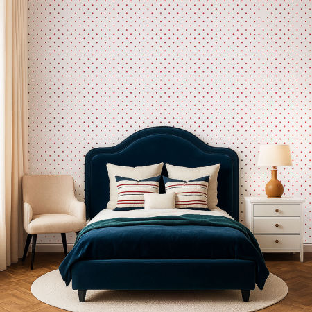 Bílá tapeta s malými červenými puntíky, tečky 2 cm