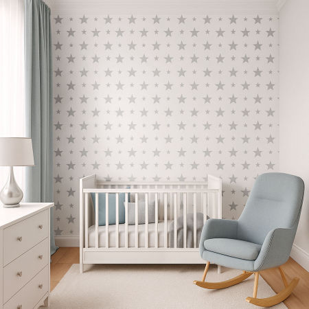 Bílá tapeta s šedými hvězdami 15 a 7 cm
