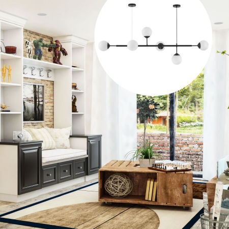 Černý lustr, kulovitá stínidla, závěsné svítidlo, vodorovná trubice, dvě kulaté krytky - FINO