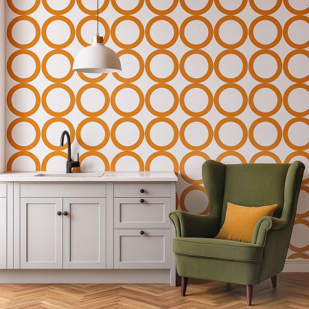 Bílá tapeta s oranžovými kružnicemi, prstenci, kruhy, kolečky