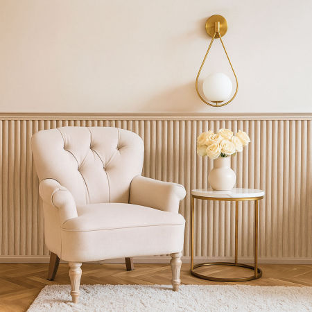 Designové nástěnné svítidlo v mosazné barvě FORNERI D15 skleněné stínidlo ve tvaru bílé koule