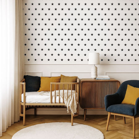 Bílá tapeta s 5 cm černými hvězdami