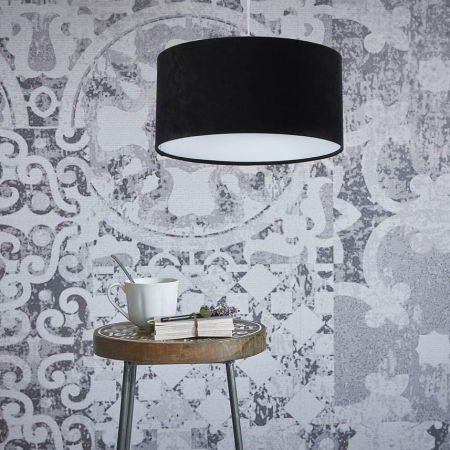 Černo-bílé závěsné svítidlo s velurovým stínidlem ve tvaru válce GLORIA