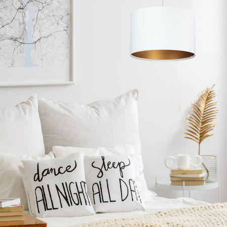 Bílá závěsná lampa s velurovým válcovým stínidlem se zlatým vnitřkem LILIA