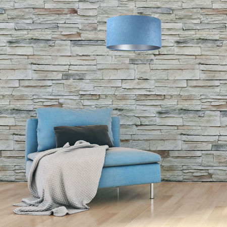 Modro-stříbrná závěsná lampa se stínidlem, velurová, válcová ANGARIKA