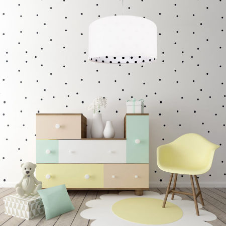 Bílé závěsné svítidlo MALENKA s velurovým stínidlem s černými puntíky