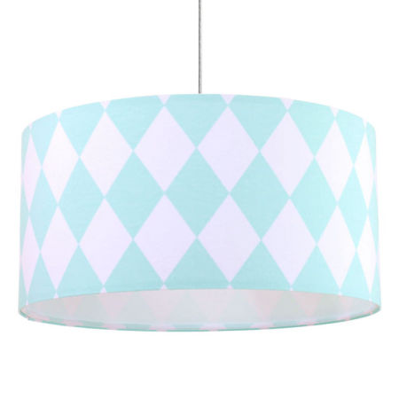 Mátovo-bílá závěsná lampa s válcovým stínidlem z veluru s velkými kosočtverci