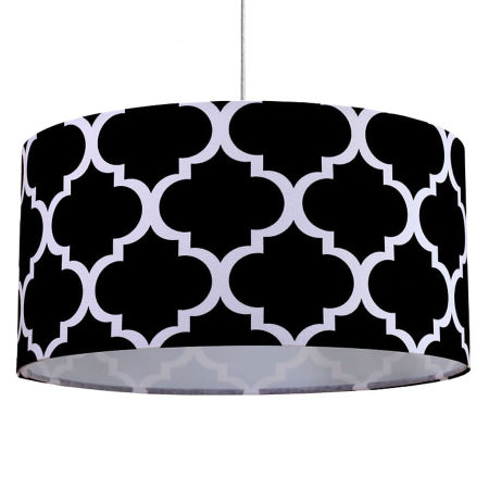 Černo-bílá závěsná lampa s velurovým stínidlem ve tvaru válce se vzorem marockého jetele MAROKO