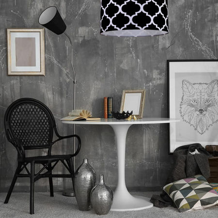 Černo-bílá závěsná lampa s velurovým stínidlem ve tvaru válce se vzorem marockého jetele MAROKO