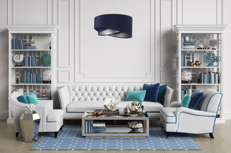 Tmavě modrá závěsná lampa s asymetrickým velurovým stínidlem se stříbrným vnitřkem LEA