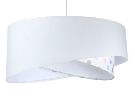 Bílé závěsné svítidlo s velurovým, asymetrickým stínidlem s pastelovými puntíky a bílým vnitřkem BELLA