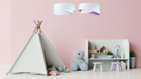 Bílé závěsné svítidlo s velurovým, asymetrickým stínidlem s pastelovými puntíky a bílým vnitřkem BELLA