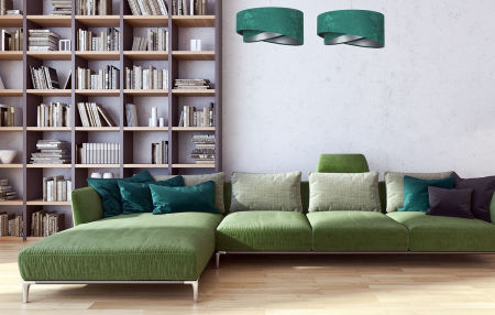 Zeleno-stříbrná závěsná lampa s velurovým asymetrickým stínidlem RUBIN