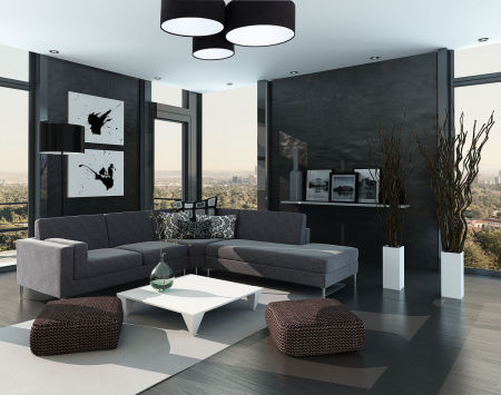 Černá stropní lampa s válcovými velurovými stínidly v různých velikostech s bílým vnitřkem FLOJD