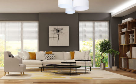 Bílé stropní svítidlo s válcovými stínidly vyrobenými z veluru BEVIN