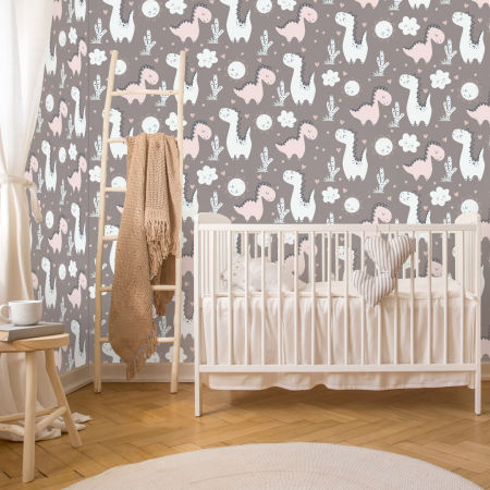 Dětská tapeta se zamilovanými dinosaury, mátovými a růžovými, vyhřívajícími se na plném slunci